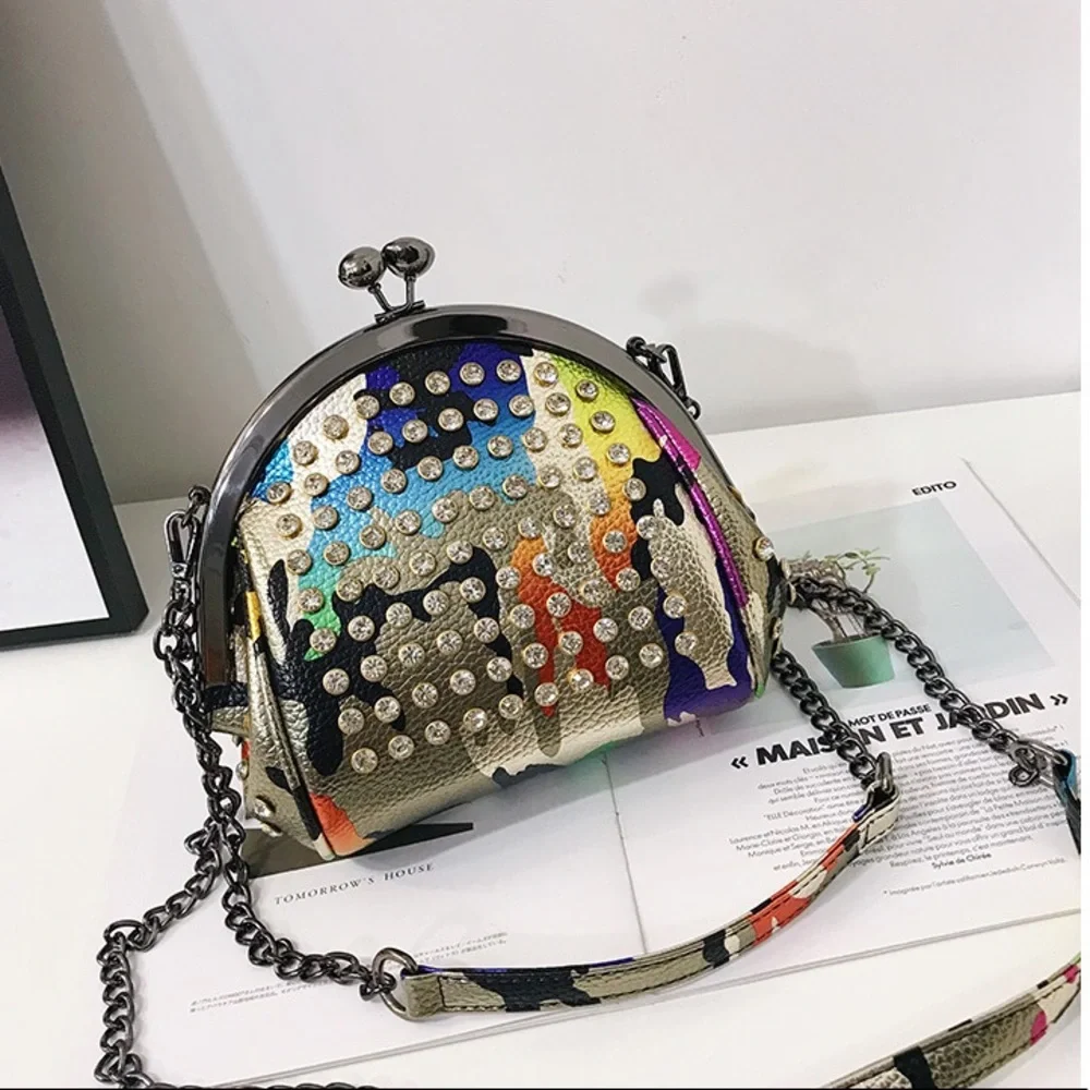 Lady Chic Rhinestones Kiss Lock PU Leather Chain Shoulder/Crossbody Bag - Picture 7 of 8